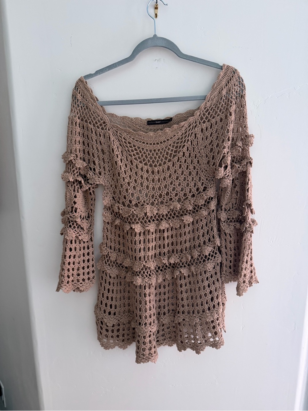 hazel Open-Knit Off-the-Shoulder Crochet Sweater Tunic - Taupe
